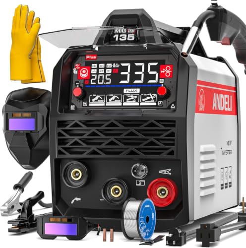 ANDELI 110V/220V MIG Welder 135A PULSE Flux Core MIG/Lift Tig/Stick 3-in-1 Gasless MIG Welding Machine with SynergyLarge LED Display 2T/4T Full Kit (Bonus Welding Helmet & Gloves)