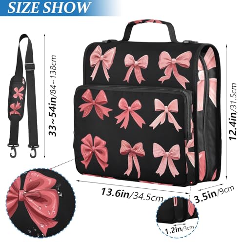 Image of 3 Ring Zipper Binder with Shoulder Strap Pink Red Bow Black 1.5 inch Binders Keeper Large Capacity Multi Pockets for School Office Supplies