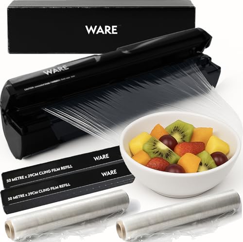 WARE Cling Film Dispenser + 2 Free 50m Rolls l Professional Quality | German-Engineered PVC-Free l Eco Safe Cutting l Reduces Food and Plastic Waste
