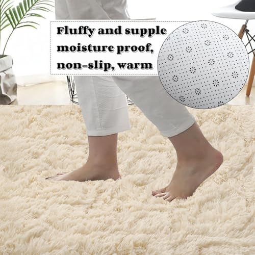 Tapis salon crème 105x295 cm rectangulaire shaggy lavable pour chambre - 4