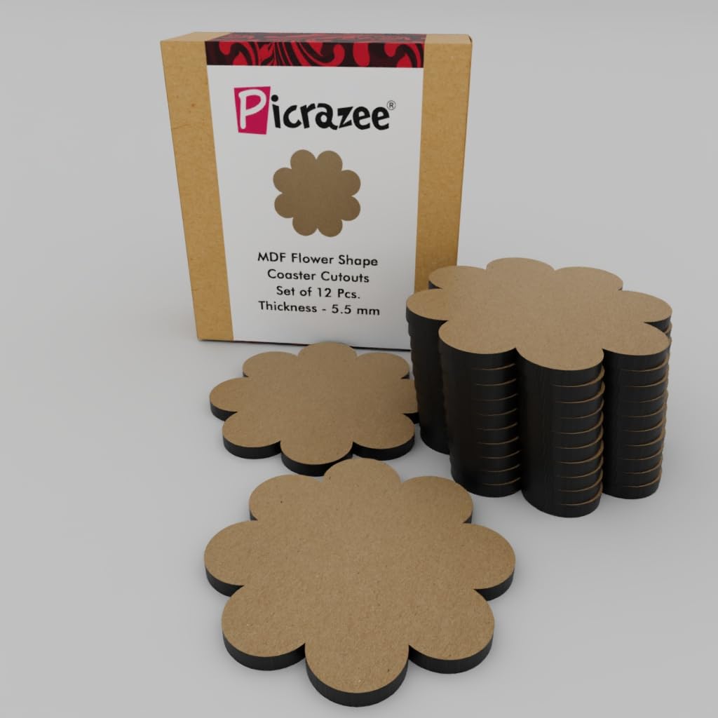 PICRAZEE MDF Wooden Coasters Flower Shape Set of 12 pcs for DIY Craft, Mandala Art, Resin Art, Painting, Decoration Craft Kit Size 4 inch (FL_12)