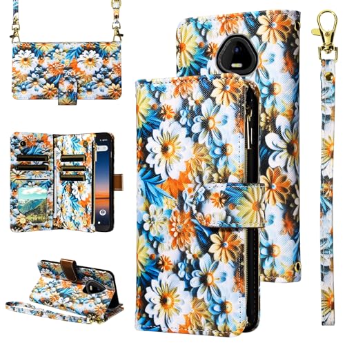 Wallet Case for SCHOK Volt SV55 SV55216 with Wrist Strap Crossbody Shoulder Strap Flower Leather Zipper Purse Card Holder Protector Stand Phone Cover SchokVolt Schock SV 55216 5.45 Girls Brown