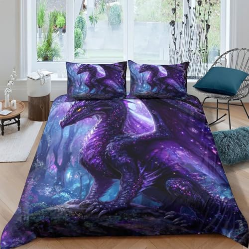 Housse de couette dragon pourpre 3D parure de lit microfibre 200x200cm confortable