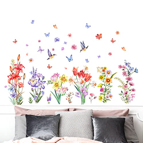 Watercolor Flower Wall Decals Stickers Birds Butterfly Floral Wall Stickers Removable Wildflower Wall Decor For Summer Girls Bedroom Living Room Nursery Decoration #TOP14
