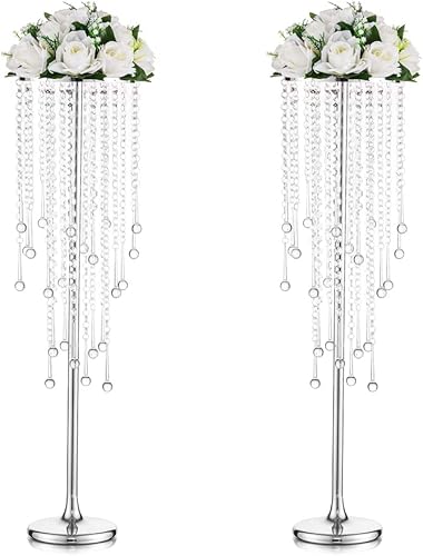 Floreros de plata para mesas  Jarrón de flores de 21.7 pulgadas de alto con candelabro de cristal, decoración de mesa de centro de mesa, soporte de