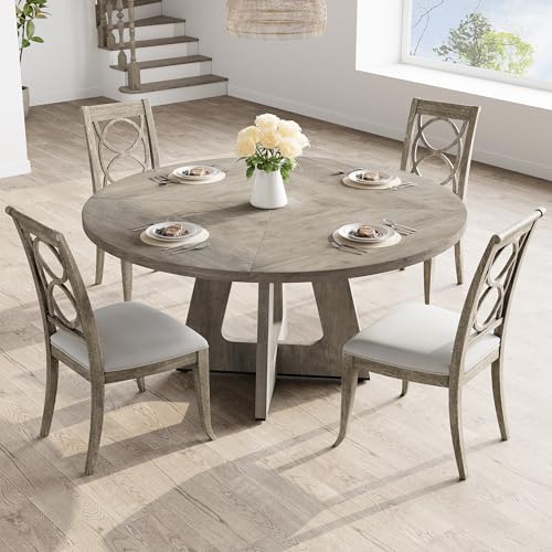 GarveeHome 47-Inch Round Large Dining Table Set for 4 to 6, Farmhouse Dinner Table with Wooden Top and Legs for Home Dining Room or Living Room - Grey(No Chairs)
