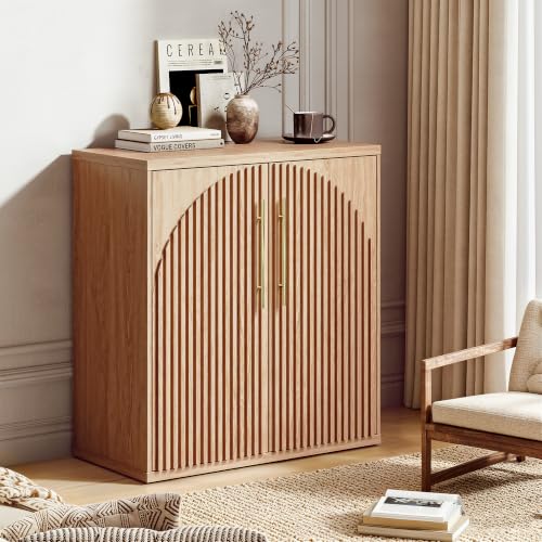 Image of Buffet Cabinet with Storage, 31.5 inch Sideboard Cabinet w /Fluted Arch Doors & Adjustable Shelves, Modern Credenza Accent Coffee Bar Console Table for Dining Room, Entryway