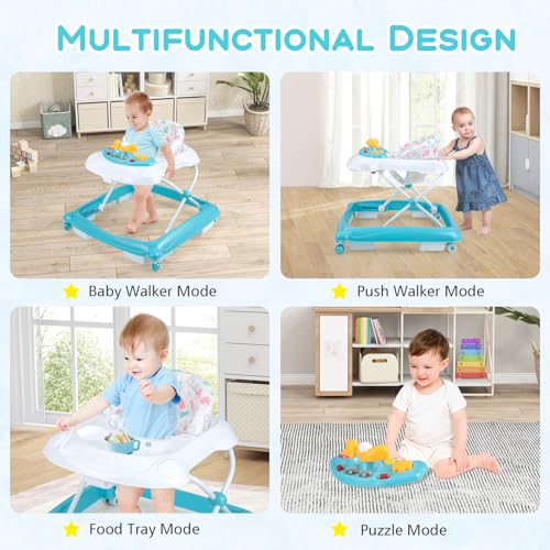 Image of BABY JOY Baby Walker, 4 in 1 Foldable Activity Walker with Adjustable Height, Music, Lights, Anti-Rollover Toddler Push Walker, Baby Walker with Wheels for Boys Girls 7-14 Months (Green)