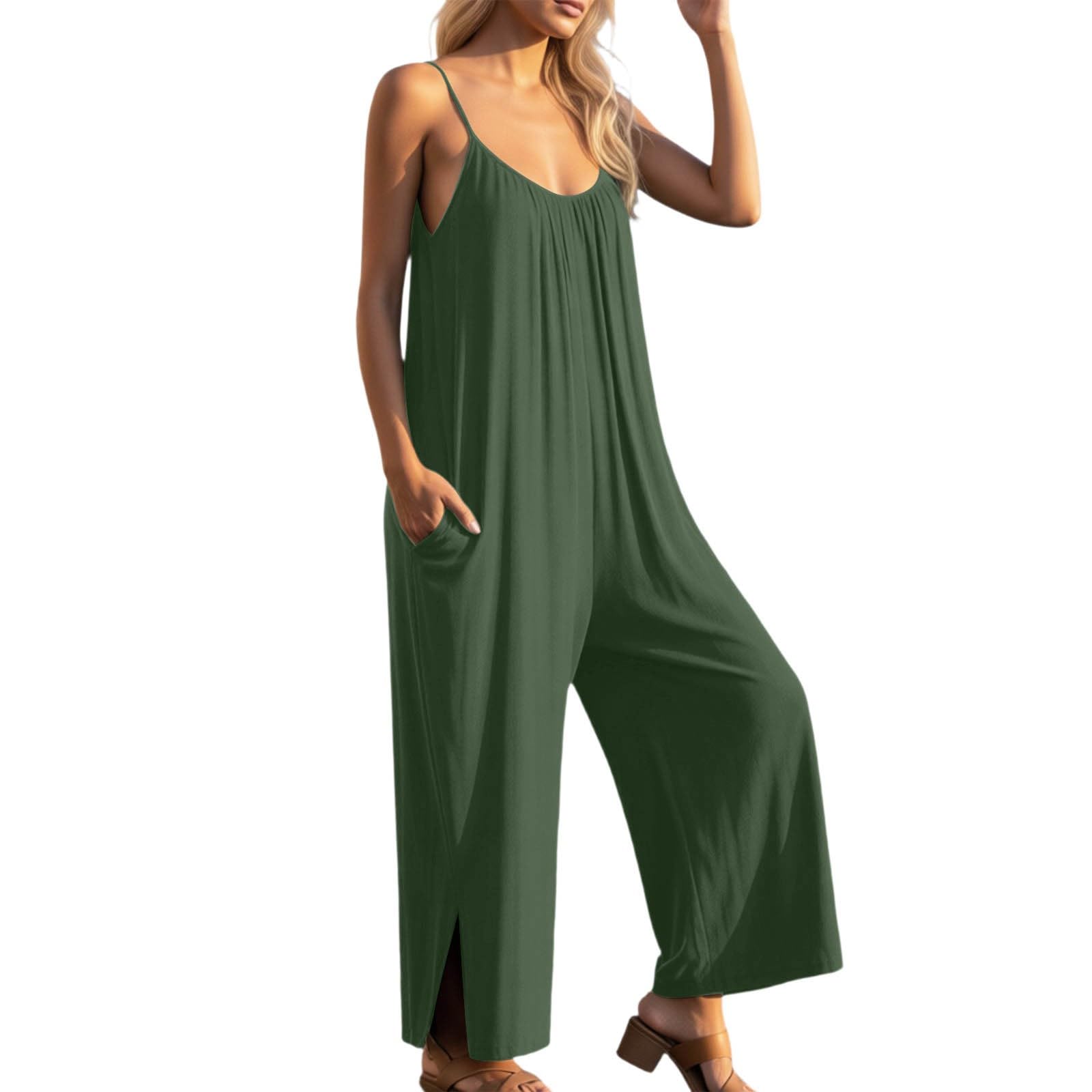 Mono Mujer Verano Largo Sin Mangas Cuello en V Elegante Peto Mujer Verano Casual Espaguetis Monos Pantalón Elegante Sueltos Jumpsuit con Bolsillos Informal Playa Fiesta Playsuit