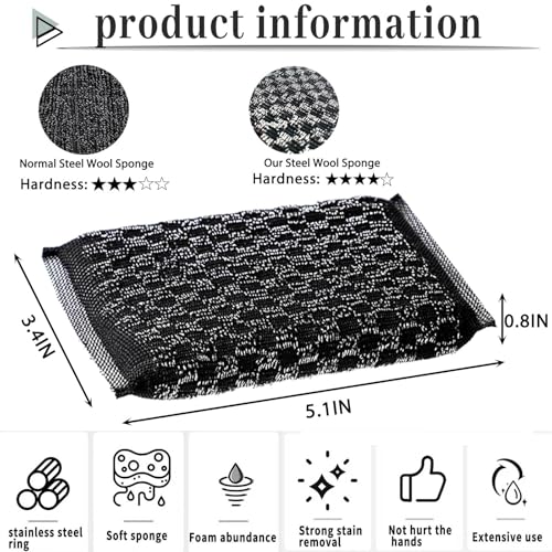 Image of Steel Wool Scrubbers Dish Sponges Kitchen Scrubbing Pads Pot Scrubber for Kitchen Non Scratch, Soft and Fast Cleaning Scrubber (Black)