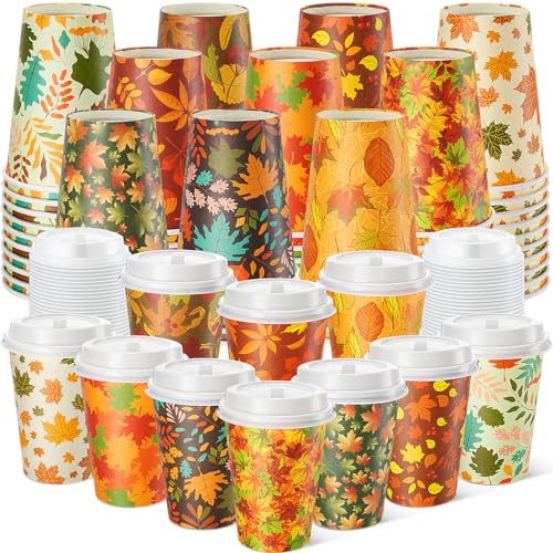 Sunnychicc 60 Pcs Thanksgiving Fall Disposable Coffee Cups with Lids 12oz Maple Leaves Pumpkin Paper Cups Beverage Drinking Cup for Harvest Autumn Party Restaurant Travel Business Supplies 10 Style