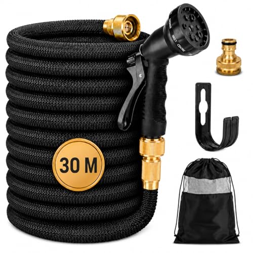 Manguera Extensible Jardín 30 m con Pistola de Riego Premium de 8 Modos, Conectores de Latón .Resistente y duradeea. Manguera agua flexible Reforzada Antifugas Alta Presión