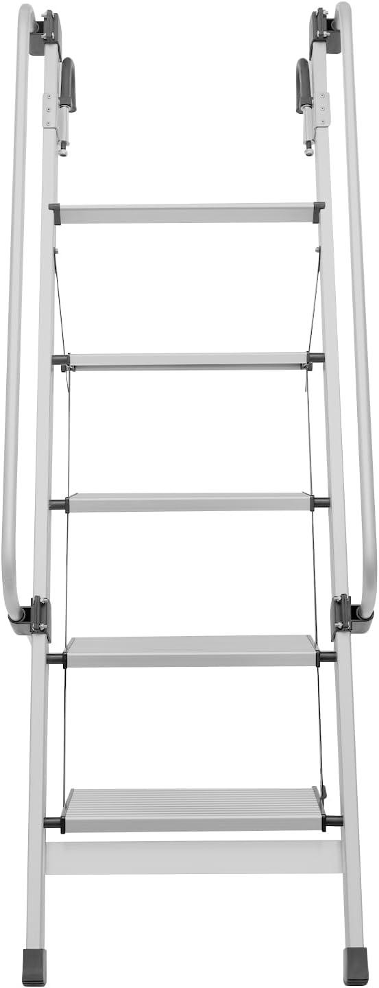 66" Bunk Bed Ladder, 5 Step Ladder Aluminum Alloy, Foldable RV Loft Ladder with Adjustable Angles & Removable Handrails, 330 lbs Load Capacity, Non-Slip, Space-Saving, for Home, Kitchen, Dorms, Silver
