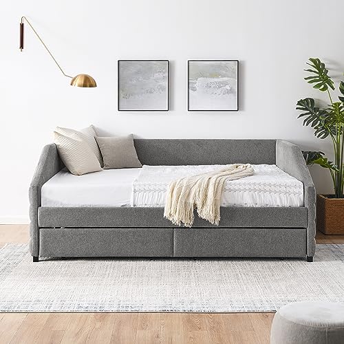 GDFStudio Queen Size Upholstered Daybed with Two Storage Drawers,Tufted Linen Fabric Sofa Bed with MDF and Plywood Frame,Space-Saving Guest Bed,No Box Spring Required,Mattress not Included,Gray