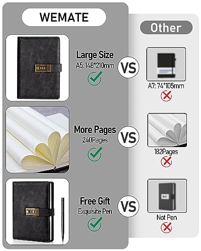 Wemate Diary With Lock, A5 Pu Leather Journal With Lock 240 Pages, Vintage Lock Journal Password Protected Notebook With Pen & Gift Box, Lock Diary Planner Organizer For Men And Women, 8.6X5.8In #TOP1