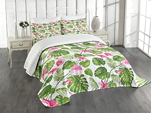 Lunarable Leaf Bedspread, Hawaiian Hibiscus Crystal Pink Flower With Palm Tree Leaves Art Print, Decorative Quilted 3 Piece Coverlet Set With 2 Pillow Shams, Queen Size, Green Pink #TOP21