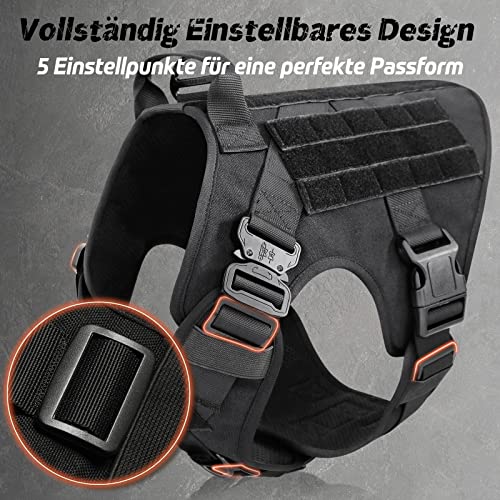 rabbitgoo Hundegeschirr Grosse Hunde mit Taktisches MOLLE und Metallschnallen ohne Zug, Verstellbare Sicherheitsgeschirr mit Griff, Atmungsakti Brustgeschirr, Gepolstert Hundeweste, M Schwarz
