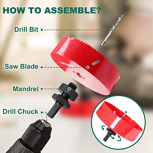 Image of HYCHIKA 6 Inch /152mm Hole Saw,Bi-Metal Cutter Hole Max Cutting Depth 1-1 /2inch(40mm) with 1 Arbor,2 Drill Bit for Wood Cutting Cornhole Plastic Drywall Boards Fiberboard