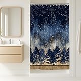Cortina de ducha de estrellas, naturaleza nocturna, árboles, cielo, otoño, azul marino, tela impermeable, cortinas de tela para baño, bañera, apartamento, decoración de 36 x 72 pulgadas