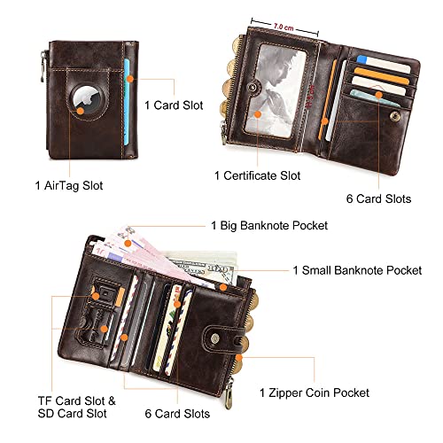 Contacts Bifold Wallet Leather AirTag Purse for Women Men Minimalist Small Coin Card Zipper Pocket with RFID Blocking (Coffee)3