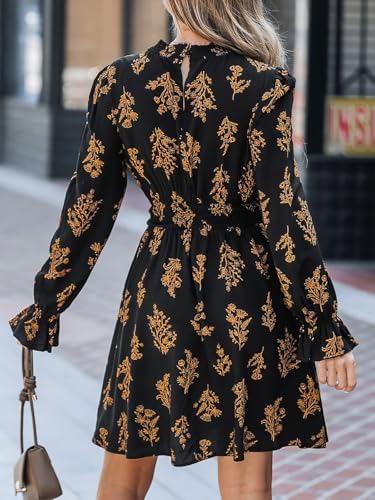 CUPSHE Women's Mock Neck Floral Mini Fall Dress Long Ruffle Sleeve Elastic Waist Smocked Casual Flowying Mini Dresses2