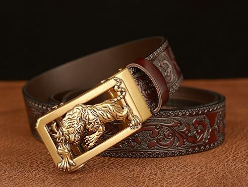 Mens Ratchet Leather Belt, Genuine Leather belts, Engraved Vintage Dragon Eagle Tiger Buckle, Business leisure belt3