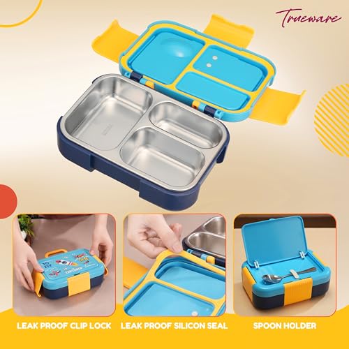 Image of Trueware Galaxy 3 304 Stainless Steel PU Insulated Lunch Box with Three Compartment BPA Free, Food Grade Ideal for School, Picnic, Office & Outdoor - 520ml