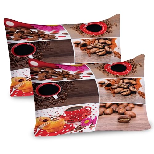 Ambesonne Coffee Pillow Sham Set of 2, Coffee Themed Collage of Mugs Polka Dots Flowers Beans Muffins Close up Photography, Quality Microfiber Bedding Item for All Seasons, 26