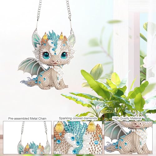 Image of AiYuanzsh Diamond Painting Hanging Sign Set Diamond Art Hanging Wall Art Cute White Dragon DIY 5D Crystal Rhinestone Pendant Kits for Christmas Wall Door Window Decorations