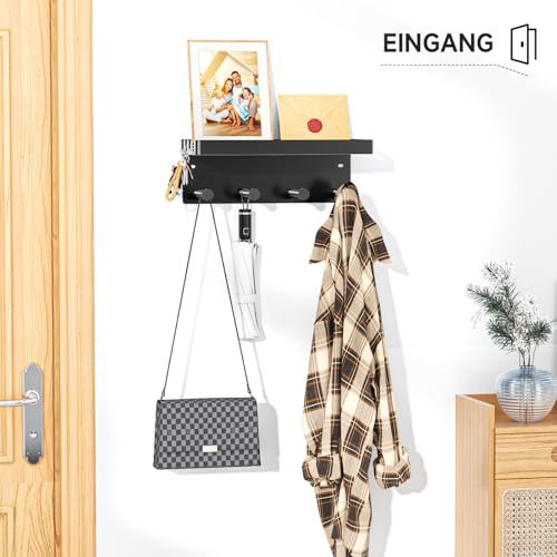 LOXSUN Hundegarderobe mit Ablage, Metall Dogstation Hundegarderobe Hundeleinen Halterung Wand, Schlüsselhalter Schwarz, Schlüsselbrett Ohne Bohren mit 4 Haken für Schlüssel, Hundeleine, Beißleine