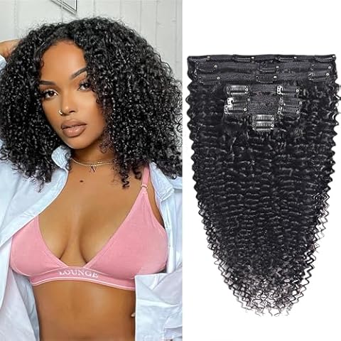 HLSK Kinky Curly Clip in Hair Extensions for Black Women 12Inch Curly Hair Extensions Clip ins 100% Human Hair Natural Color 8Pcs with18clips Cover
