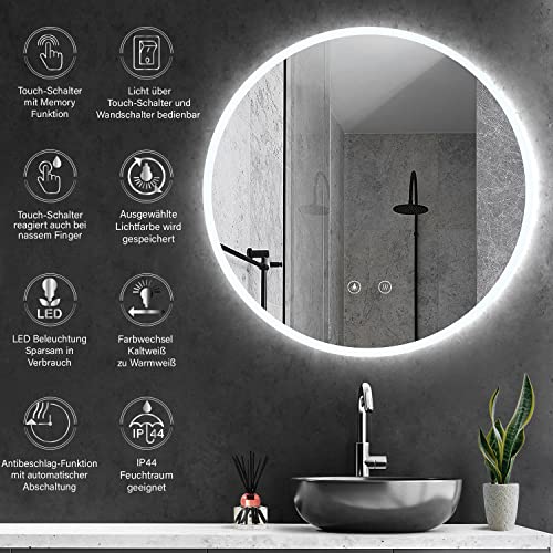 HOKO Specchio da bagno rotondo illuminato a LED da...