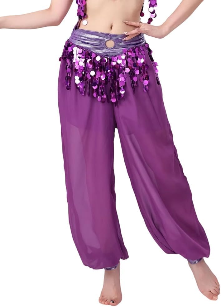 Womens Chiffon Harem Pant Belly Dance Pants Lantern Tribal Trousers Sequin Shiny Fringe Arabian India Performance Trousers