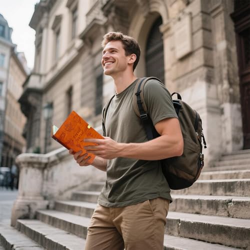 Image of Travel Journal for Women Men and Couples, Leather Travel Notebook with Prompts, Travel Memory Book & Adventure Book (Orange)