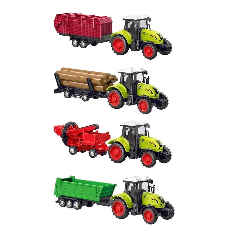 Farm Tractor Toys Set | Pack of 4 Inertia Vehicles with Tractor & Trolley | Friction Powered Farm Truck Toys for Kids, Agricultural Vehicles for Pretend Play (Ages 3-14 Years)