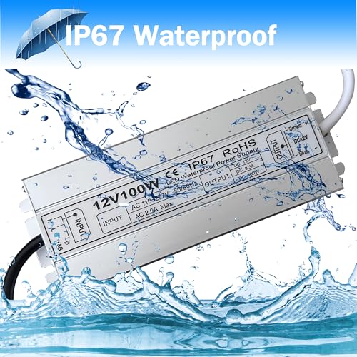 Image of Led Driver 12V Led Transformer 100W IP67 Waterproof Power Supply Ultra Thin 0.78in 100-277V AC to 12Vdc Low Voltage Transformers with 3-Prong Plug 3.3 Feet Cable Indoor Outdoor LED Light