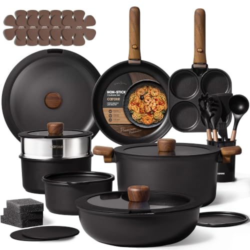 CAROTE 33pcs Pots and Pans Set Non Stick, Detachable Handle Cookware, Black