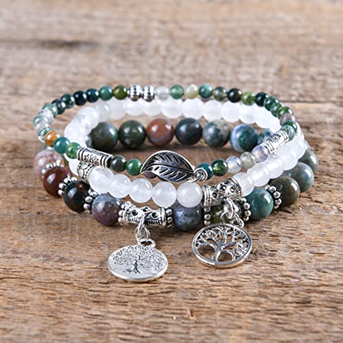 Image of YGLINE Tree of Life Yoga Healing Stone Bracelets,Multilayer Lotus Chakra Stone Reiki Bracelet Sets,Anxiety Crystal Natural Stone,for Women Stress Relief
