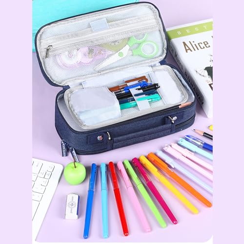 Image of Pencil Case Canvas Pen Pouch Large Capacity Organizer Multi-functional Pencil Bag with Zipper Compartments (Pink)