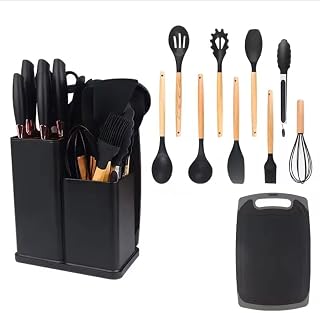 18-Piece Kitchen Cooking Utensil and Knife Set with Storage Container and Cutting Board, Wooden Handle, Silicone Tip, BPA Free, (Black)