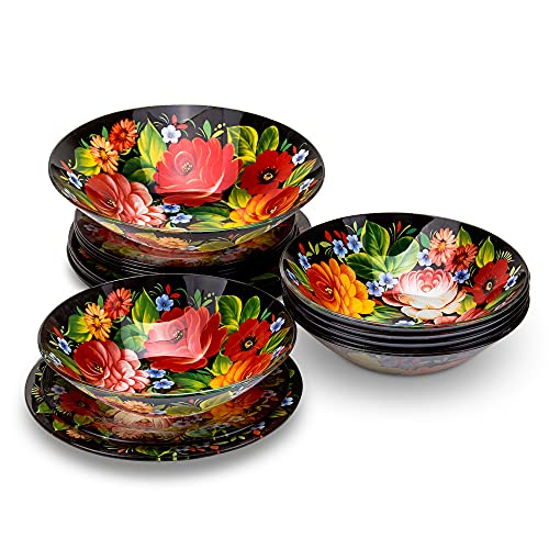 Tafelservies, serviesset van glas voor 6 personen, 19-delig, Ruslandmotieven, Chochloma-schilderpatroon, 6 x soepborden, 6 x dessertborden, 1 x slakom (Zhostovo) - Image 7