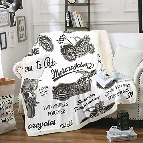 Vintage Motorcycle Sherpa Blanket Boys Motocross Extreme Sports Fleece Throw Blanket Racing Dirt Bike 3D Motorbike Print for Sofa Bed Couch Queen 90x90 Inch