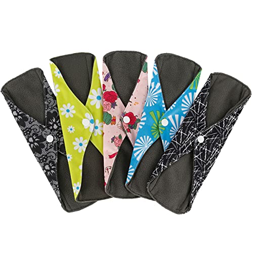 Harupink 5 compresas lavables, toallas sanitarias lavables con carbón de bambú, compresas de tela reutilizables, compresas lavables cómodas y transpirables, períodos fuertes