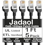 Jadaol Cat6 Ethernet Patch Cables 1ft 5-Pack, 10Gbps 24AWG Pure Copper RJ45 Cat6a Patch Cable, Support Cat8/7 Network, Outdoor&Indoor Rated for Patch Panel to Switch, Server, Router, Modem, PC - Black