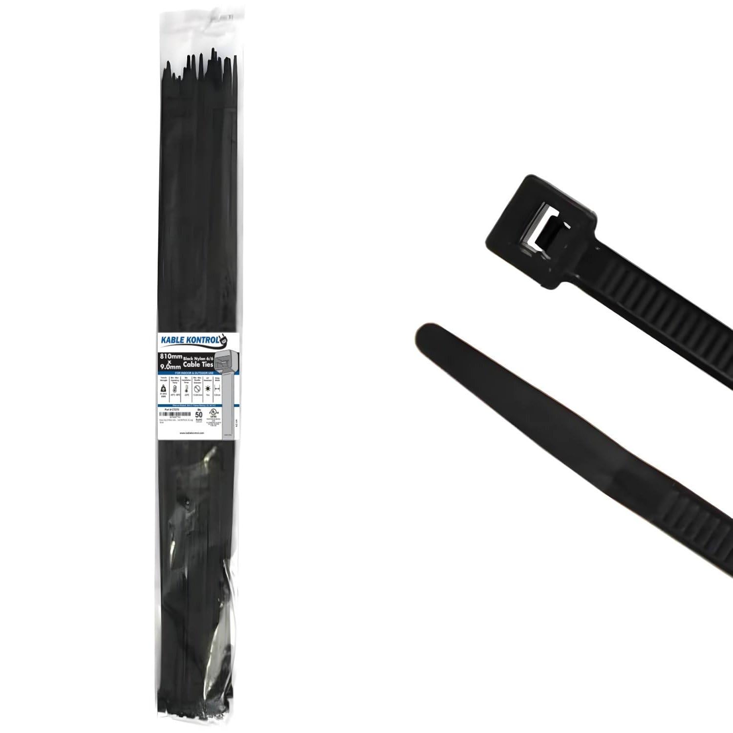 Kable Kontrol Black Cable Ties, 810 mm x 9 mm, Pack of 50, 32" Premium Nylon Zip Ties, Multi-Purpose Plastic Tie Wraps, Secure Self-Locking Mechanism, for Home, Garden, Office and DIY