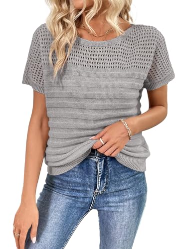 Image of SHEWIN Womens Sweaters Crew Neck Short Sleeve Shirts Summer Tops Knit Hollow Out T Shirts Sweater Blouses