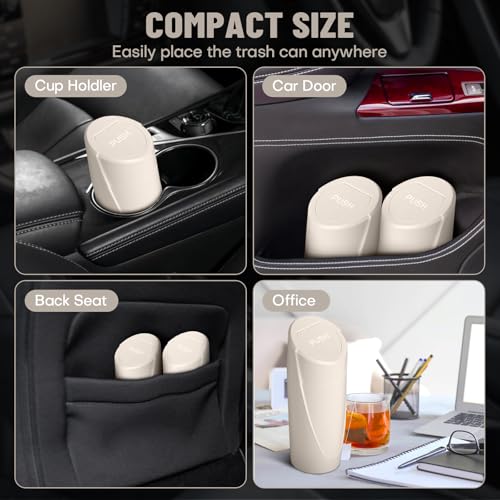 Image of Car Trash Can Bin with Lid - 2 Packs Car Garbage Can Cup Holder-Light Beige Mini Leakproof Vehicle Garbage Bin with 40pcs Trash Bags-Automotive Organizers and Storage for Front Back Seat Accessories
