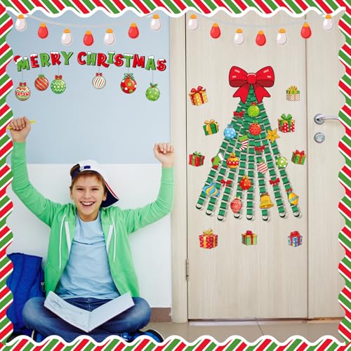 Pasimy Merry Christmas Bulletin Board Decorations Set Christmas Tree Paper Cutouts Reindeer Elk Classroom Decorations Xmas Lights Bulb Bulletin Borders Trims for School Teacher Chalkboard Party (Tree)
