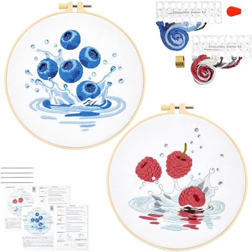 Image of Armindou 2Set Embroidery Kits with Fruit Pattern for Beginners Adults, Hand Embroidery Needlepoint DIY Kits, Stamped Cross Stitch Kits for Beginners Adult, 2 Embroidery Hoops (Attached Video Tutorial)