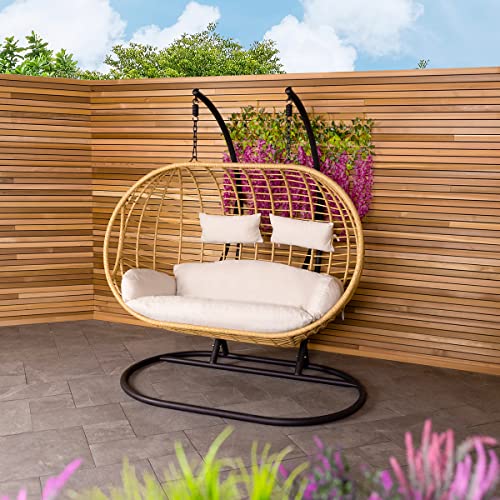 CHARLES BENTLEY Double Hanging Swing Chair Seat, Natural Egg Hanging Bench, Seating, Outdoor And Indoor, PE Rattan Weave, Hammock, With Stand, Washable Cushions, Adjustable Head Rest (127x167x196cm)